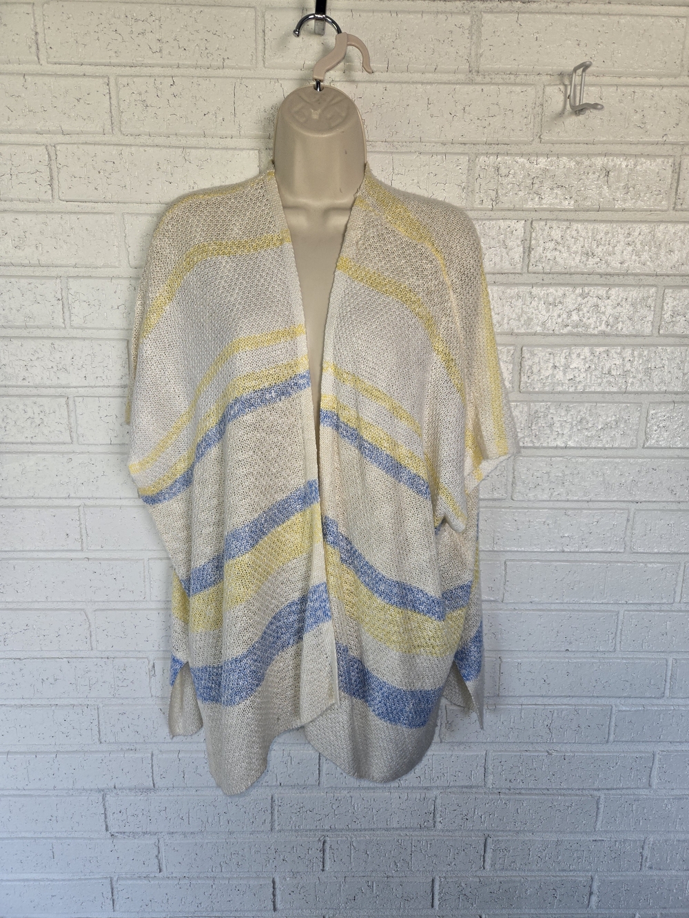 2008 ONE WORLD Open-Front Striped Knit Cardigan in Cream, Yellow & Light Blue